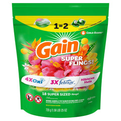 Gain Happy Super-Sized Flings Laundry Detergent Packs, Hibiscus Hula Scent, 18 Count