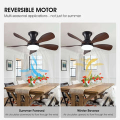 33In Low Profile Ceiling Fans with Lights and Remote/APP Control,Modern Flush Mount Ceiling Fan with 5 Reversible Blades for Outdoor Patio,Small Room,Bedroom(Black+Brown