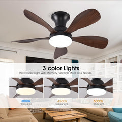 33In Low Profile Ceiling Fans with Lights and Remote/APP Control,Modern Flush Mount Ceiling Fan with 5 Reversible Blades for Outdoor Patio,Small Room,Bedroom(Black+Brown