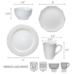 Pfaltzgraff French Lace 16 Piece Stoneware Dinnerware Set White
