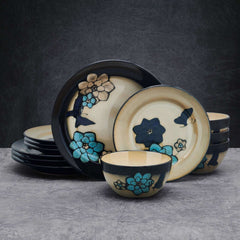Pfaltzgraff Painted Butterfly Blue 12 Piece Stoneware Dinnerware Set Tan