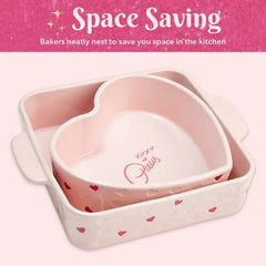 Paris Hilton 2-Piece Ceramic Nonstick Baking & Casserole Dish Set, Square and Heart-Shaped, Stoneware Baking Set, Pink