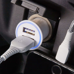 onn. Dual-Port Car Charging Kit with Lightning to USB Cable, White