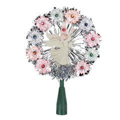 8" Silver Tinsel Wreath with Angel Christmas Tree Topper - Multi Lights