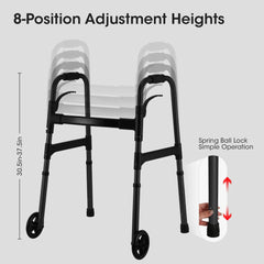 MaxKare Folding Walker with Wheels, 8 Levels Adjustable Height 30.5"-37.5", 300lbs Weight Capacity, Lightweight, for Senior, Black