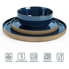 Famiware Nature 12-Piece Dinnerware Sets, Stoneware Dish Set, Midnight Blue