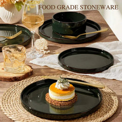 Vesteel 12-Piece Dinnerware Set, Ceramic Tableware Reactive Glaze Plates and Bowls Sets, Healthy Yixing Purple Clay Dishes Set, Dishwasher & Microwave Safe - Blackish Green