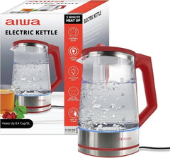 Aiwa 2-Liter Glass Electric Water Kettle, Cordless Hot Water Boiler with Auto-Shutoff, Black