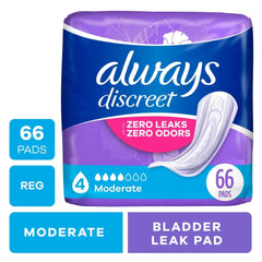 Always Discreet Incontinence Pads, Moderate Absorbency, Regular Length, 66 CT