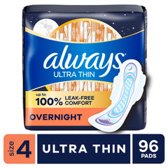 Always Ultra Thin Overnight Pads with Wings, Size 4, Overnight, 96 Count (PACK OF 3 )
