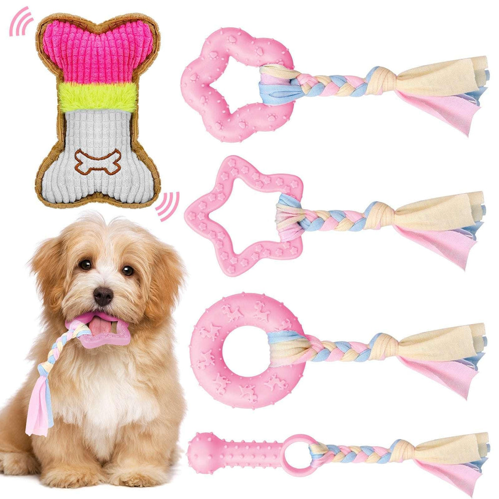 Armscye 5 Pack Puppy Chew Toys for Teething Small Dogs, Pink Rubber Puppy Teething Toys Plush Squeaky Dog Toys for Cleaning Teeth Interactive Pet Doggy Bone Toys - USA MEGA SHOP