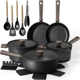 Astercook 18-Piece Pots and Pans Set, Black Titanium Induction Nonstick Cookware Set, Oven Safe to 480°F, Induction Compatible & Dishwasher Safe, Kitchen Cooking Set for RV Trips, Camping and Picnic - USA MEGA SHOP