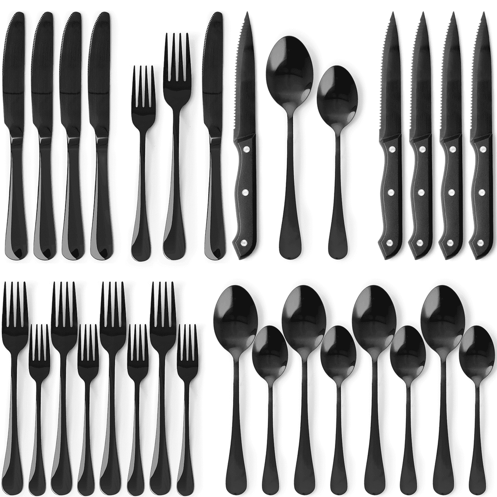 Astercook 25-Pieces Black Silverware Set with Steak Knives, Black Flatware Set for 4, Food-Grade Stainless Steel Tableware Cutlery Set, Eating Mirror Polished Utensil Set for Home Restaurant - USA MEGA SHOP