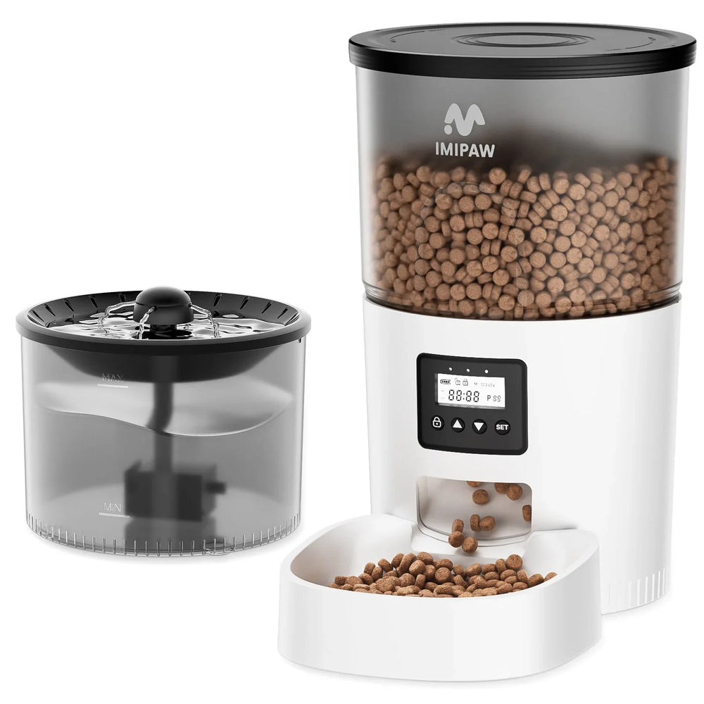 Automatic Cat Feeder and Water Fountain, Timed Pet Dry Food Dispenser, Programmable Portion Control, 1-6 Meals Per Day, Cat Fountains for Drinking with Filter, Small Pets (3L Combo) - USA MEGA SHOP