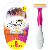 Maquinillas de afeitar BIC Soleil 3 Colors para mujer, mangos de colores, 3 hojas, paquete de 8 unidades