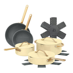 Beautiful 12-Piece Ceramic Nonstick Cookware Set, Pots and Pans with Strainer Lids, Buttercream by Drew Barrymore - USA MEGA SHOP