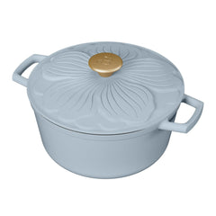 Beautiful 4 Quart Enameled Cast Iron Round Dutch Oven with petal design lid, Cornflower Blue by Drew Barrymore