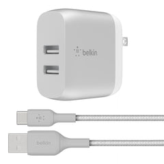 Belkin 24W Dual Port USB Wall Charger - USB C Cable Included - iPhone Charger Fast Charging - Silver