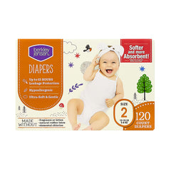 Diaper box size 2 with smiling baby, 120 count.