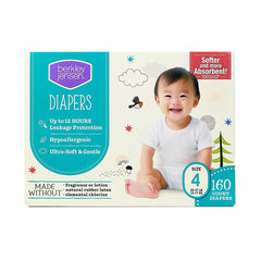 Diaper box size 4, 160 count, with teal panel and baby's portrait.