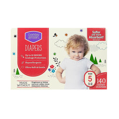 Diaper box size 5, 140 count, with red panel and baby's portrait.