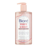 Biore Purify & Reset daily cleanser bottle with rose quartz and charcoal label, 6.77 fl oz