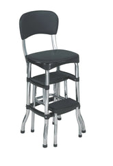Black retro counter step stool with padded seat, back, and three sliding steps