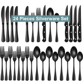 Bluebow Black Silverware Set with Steak Knives, Flatware Cutlery Set for 4, Food-Grade Stainless Steel Kitchen Tableware Set - USA MEGA SHOP