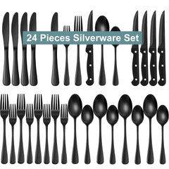Bluebow Black Silverware Set with Steak Knives, Flatware Cutlery Set for 4, Food-Grade Stainless Steel Kitchen Tableware Set