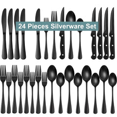 Bluebow Black Silverware Set with Steak Knives, Flatware Cutlery Set for 4, Food-Grade Stainless Steel Kitchen Tableware Set - USA MEGA SHOP