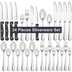 Bluebow Silverware Set with Steak Knives, Flatware Cutlery Set for 4, Food-Grade Stainless Steel Kitchen Tableware Set - USA MEGA SHOP