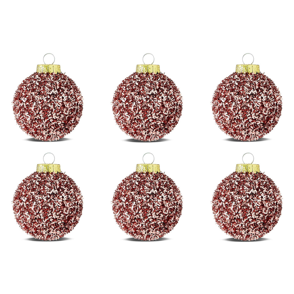 Blush Pink Tinsel Ball Christmas Ornaments, 2.5", 6 Count, by Holiday Time - USA MEGA SHOP
