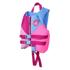 Kids life jacket PFD in pink and blue with front zipper, two buckle straps