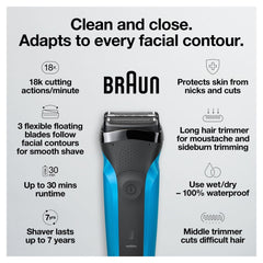Braun Rechargeable Electric Shaver, Series 3 3010s, Wet & Dry