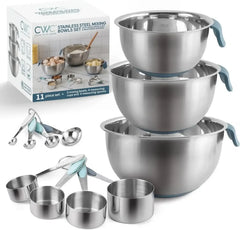 COOK WITH COLOR Stainless Steel Mixing Bowls Set and Measuring Cups- Nesting Bowls with Non-Slip Bottom and Easy-Grip Handles, 11 Pieces - USA MEGA SHOP