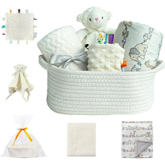 CREVENT Baby Gift Set Storage Basket with 2 Baby Blanket,1 Security Blanket,1 Taggie,1 Gift Bag with Ribbon, Blue, Unisex, 5Items