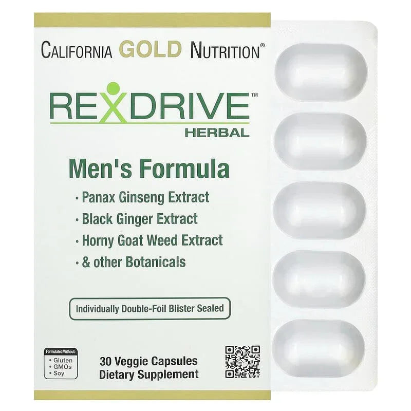 California Gold Nutrition, Rexdriveâ„¢ Men's Herbal Performance Formula with Panax Ginseng, Black Ginger, and Horny Goat Weed Extracts plus Botanical Blends, 30 Veggie Capsules - USA MEGA SHOP