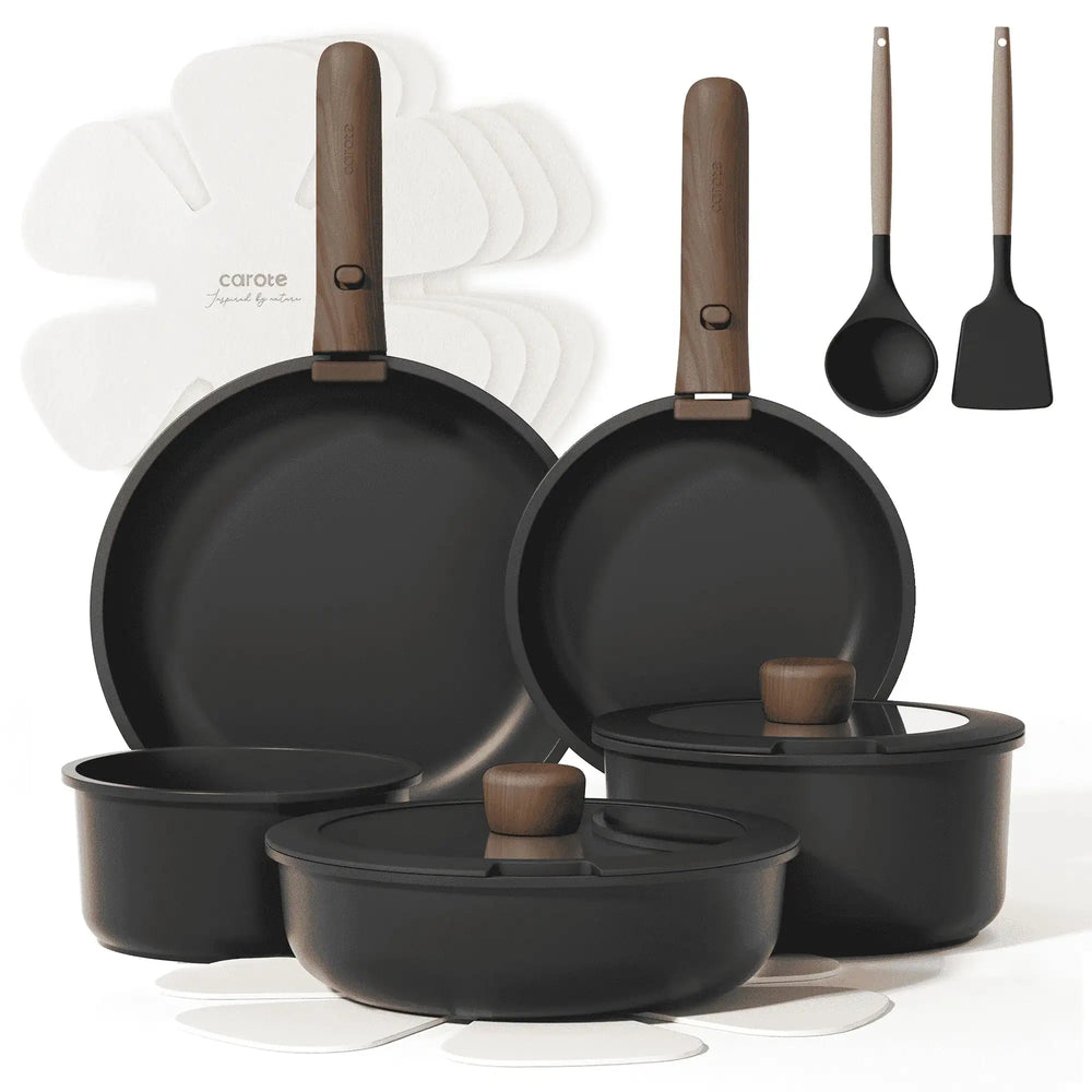 Carote 15 Pcs Nonstick Cookware Sets, Granite Non Stick Pots and Pans with Removable Handles, Oven Safe, Induction Compatible, Black