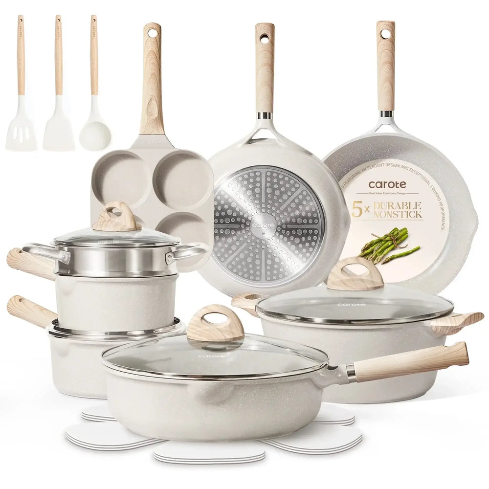 Carote 21pcs Pots and Pans Set Non Stick, Cookware Set Induction Ready, Kitchen Cooking Set, Beige - USA MEGA SHOP