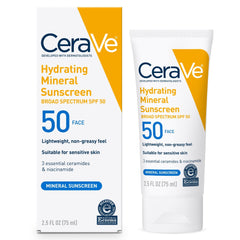 CeraVe Hydrating Mineral Sunscreen SPF 50 face lotion tube, 2.5 fl oz