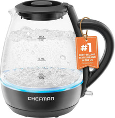 Chefman 1L Electric Glass Kettle w/ LED Indicator Light, Automatic Shutoff - Black - USA MEGA SHOP