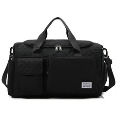 DAKIMOE Travel Duffle Bag for Women Men, Weekender Bags Carry on Gym Bag with Wet Pocket/Adjustable Strap/Shoe Compartment, Foldable Waterproof Overnight Tote Bag for Plane Sports Dance, Black