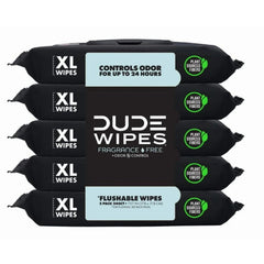 DUDE Wipes Fragrance Free Plus Odor Control, XL Wet Wipes, 48 Count, 5 Pack