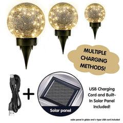 Deck Impressions Multi-Size Solar/USB LED Crackle Glass Globe Lights, 3-Pack