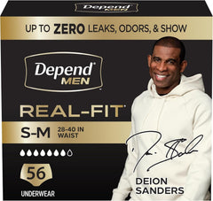 Depend Real Fit Adult Diapers, Incontinence Underwear for Men, Disposable, Maximum Absorbency, Small/Medium, Black, 56 Count (2 Packs of 28), Packaging May Vary