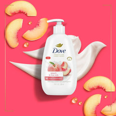 Dove Advanced Care peach & rice milk hand wash bottle with peach fruit images