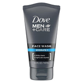 Dove Men+Care Hydrate face wash tube, dark gray with blue label stripe