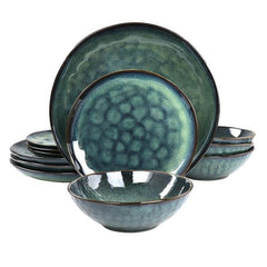 Elama Samara 12 Piece Stoneware Dinnerware Set in Blue
