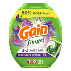 Gain Flings 3-in-1 Oxi Boost and Febreze Laundry Detergent Pacs, Moonlight Breeze Scent, 31 Count