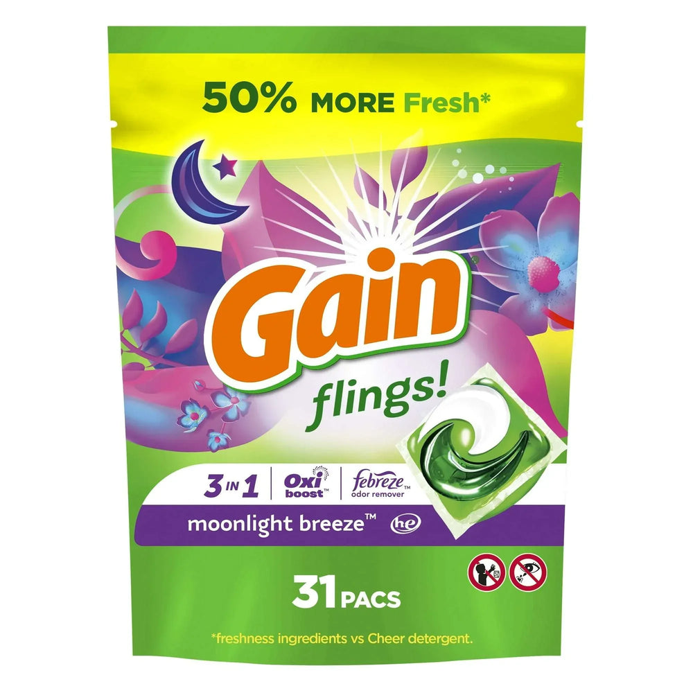 Gain Flings 3-in-1 Oxi Boost and Febreze Laundry Detergent Pacs, Moonlight Breeze Scent, 31 Count - USA MEGA SHOP